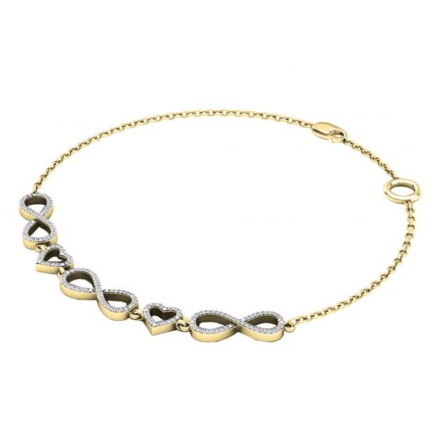 0.25 Carat (ctw) Round White Diamond Studded Infinity & Heart Ladies Bracelet 1/4 CT 14K Yellow Gold