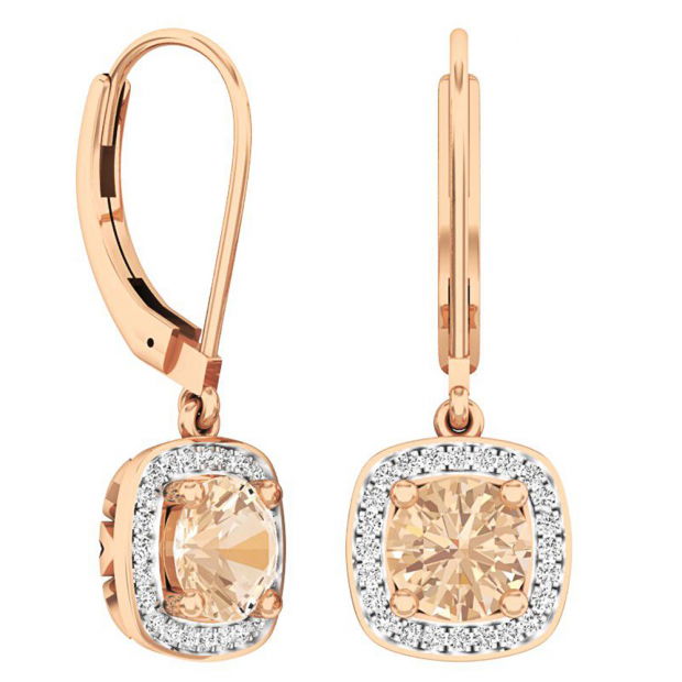 10K Rose Gold 6 MM Round Cut Morganite & White Diamond Ladies Halo Style Dangling Drop Earrings