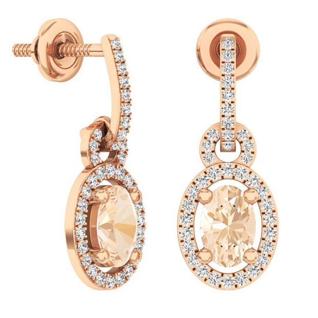 18K Rose Gold 6X4 MM Oval Morganite & Round White Diamond Ladies Dangling Drop Earrings