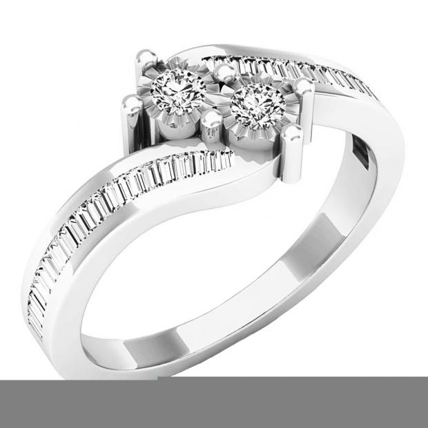 0.50 Carat (ctw) 14K White Gold Round & Baguette Diamond Ladies Two Stone Engagement Ring 1/2 CT