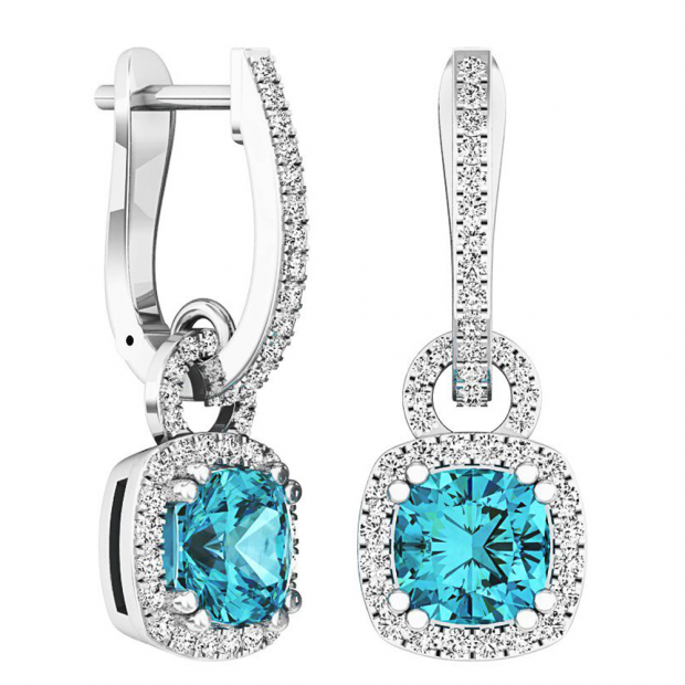 Sterling Silver 6 MM Each Cushion Cut Blue Topaz & Round Diamond Ladies Halo Dangling Drop Earrings