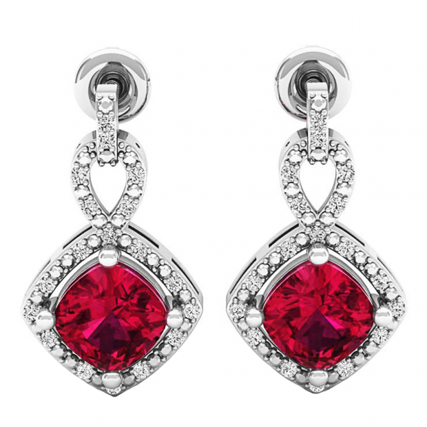 Sterling Silver 6 MM Each Cushion Cut Garnet & Round Diamond Ladies Infinity Dangling Drop Earrings