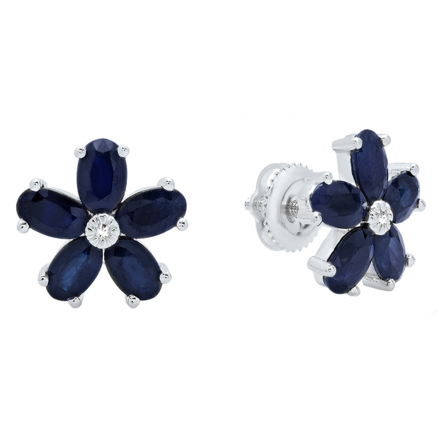 14K White Gold Oval Cut Blue Sapphire & Round Cut White Diamond Ladies Flower Shape Stud Earrings