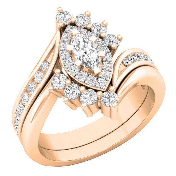 1.00 Carat (ctw) 10K Rose Gold Marquise & Round Cut Diamond Bridal Engagement Ring Set 1 CT