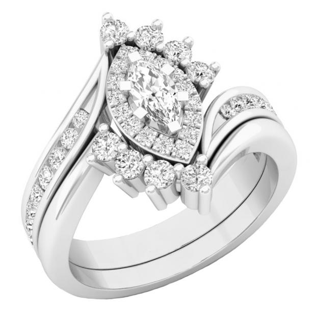 1.00 Carat (ctw) 10K White Gold Marquise & Round Cut Diamond Bridal Engagement Ring Set 1 CT