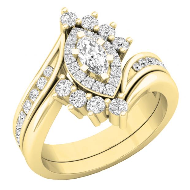 1.00 Carat (ctw) 10K Yellow Gold Marquise & Round Cut Diamond Bridal Engagement Ring Set 1 CT