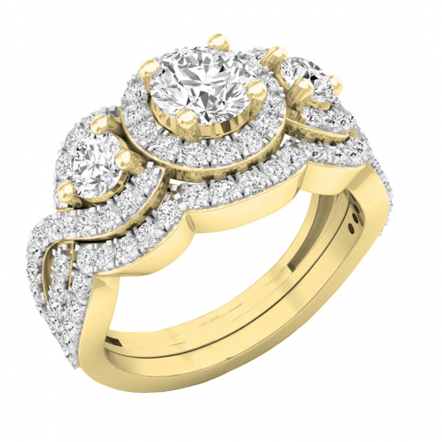 2.00 Carat (ctw) 10K Yellow Gold Round White Diamond 3 Stone Bridal Halo Engagement Ring Set 2 CT