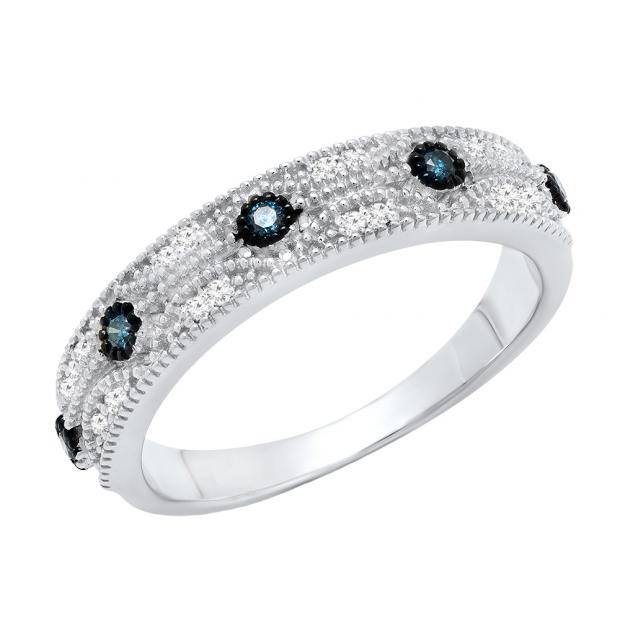 0.15 Carat (ctw) Sterling Silver Round Blue & White Diamond Ladies Vintage Stackable Wedding Band