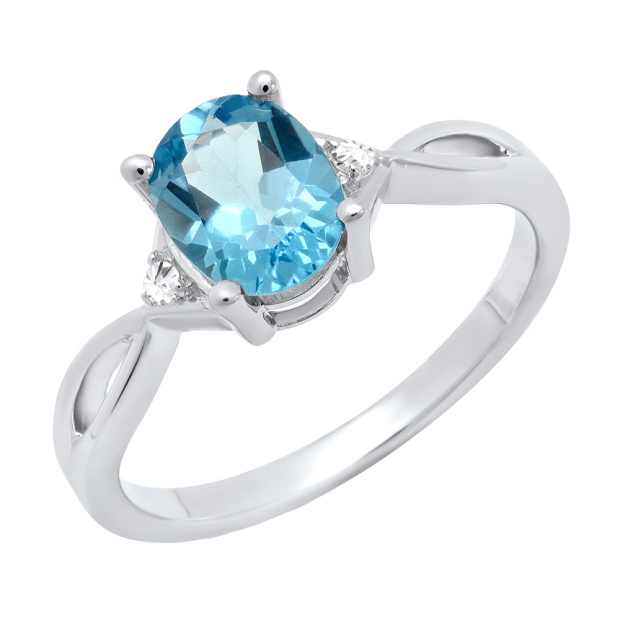 1.50 Carat (ctw) Sterling Silver Oval Cut Blue Topaz & Round Diamond Ladies Engagement Ring 1 1/2 CT