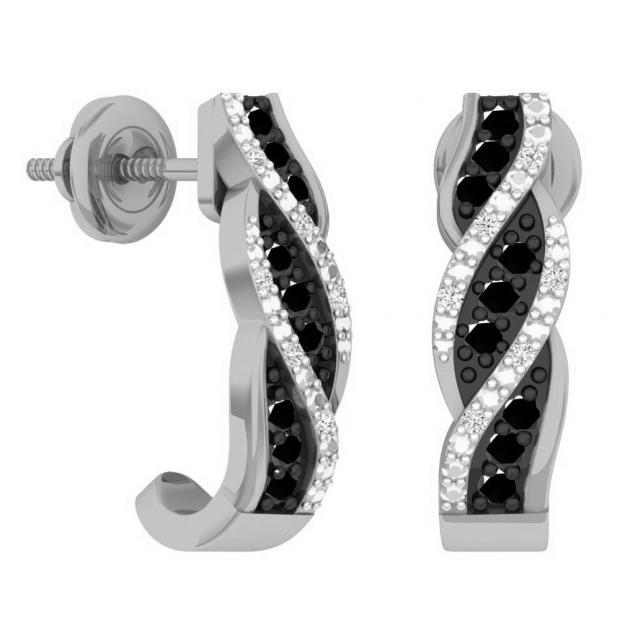 0.25 Carat (ctw) 10K White Gold Round Black & White Diamond Swirl J Shaped Hoop Earrings 1/4 CT