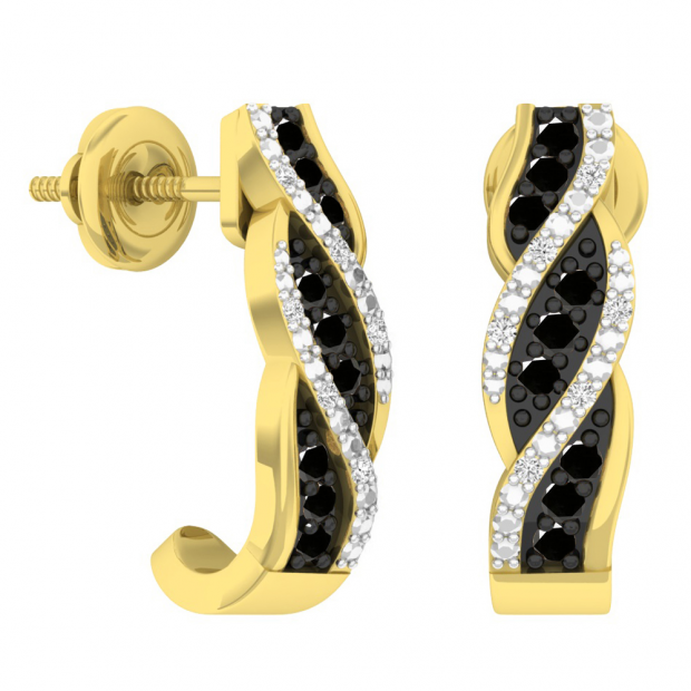 0.25 Carat (ctw) 10K Yellow Gold Round Black & White Diamond Swirl J Shaped Hoop Earrings 1/4 CT