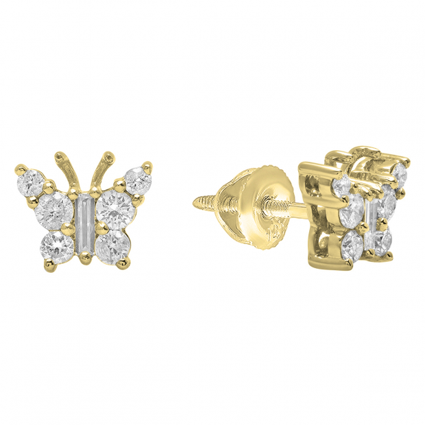 0.48 Carat (ctw) 10K Yellow Gold Round & Baguette Cut Diamond Ladies Butterfly Stud Earrings 1/2 CT