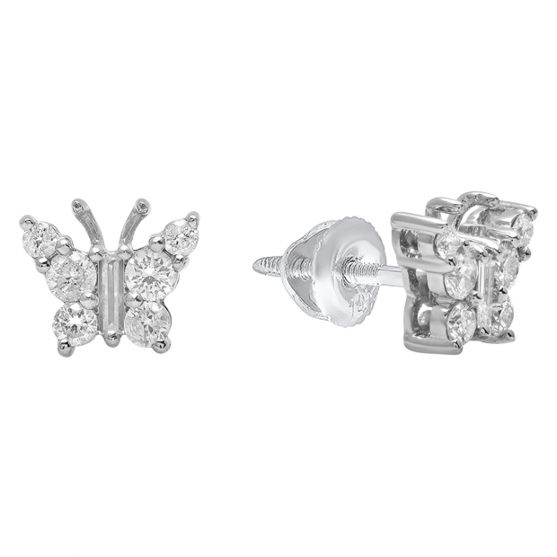 0.48 Carat (ctw) 18K White Gold Round & Baguette Cut Diamond Ladies Butterfly Stud Earrings 1/2 CT