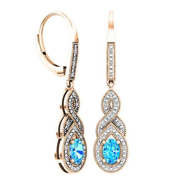 10K Rose Gold 6X4 MM Each Oval Cut Blue Topaz & Round Diamond Ladies Infinity Dangling Earrings