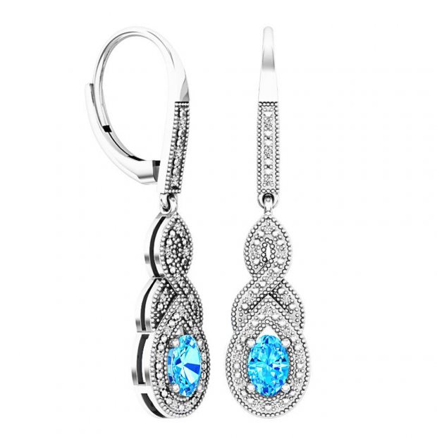 10K White Gold 6X4 MM Each Oval Cut Blue Topaz & Round Diamond Ladies Infinity Dangling Earrings