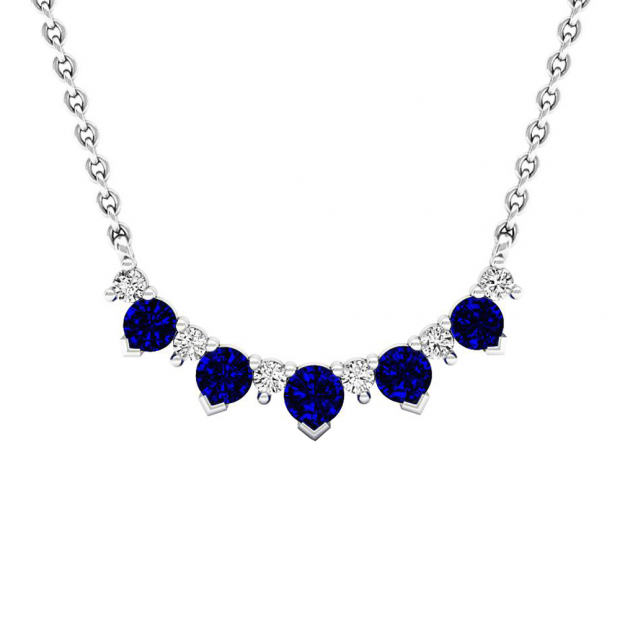 10K White Gold Round Blue Sapphire & White Diamond Ladies Necklace (Silver Chain Included)