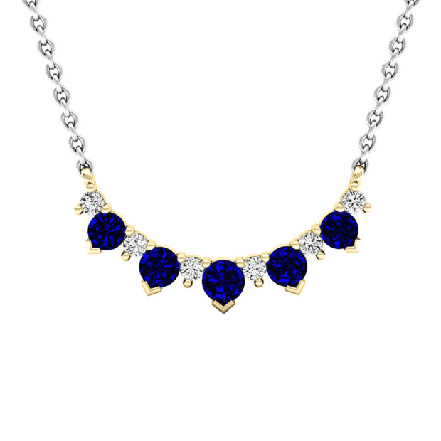 18K Yellow Gold Round Blue Sapphire & White Diamond Ladies Necklace (Gold Chain Included)