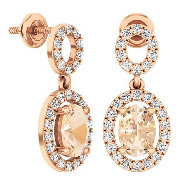 18K Rose Gold 7X5 MM Each Oval Cut Morganite & Round White Diamond Ladies Dangling Drop Earrings