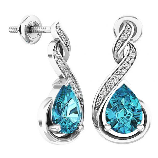 Sterling Silver 8X6 MM Each Pear Cut Blue Topaz & Round Diamond Ladies Infinity Dangling Earrings