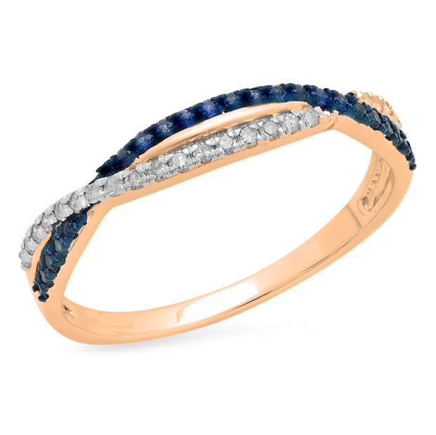 0.30 Carat (ctw) 14K Rose Gold Round Blue Sapphire & White Diamond Ladies Wedding Band Ring 1/3 CT