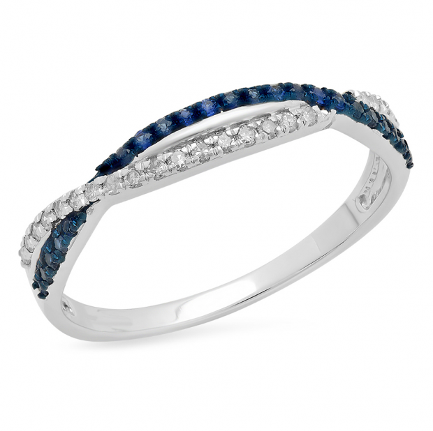 0.30 Carat (ctw) 14K White Gold Round Blue Sapphire & White Diamond Ladies Wedding Band Ring 1/3 CT