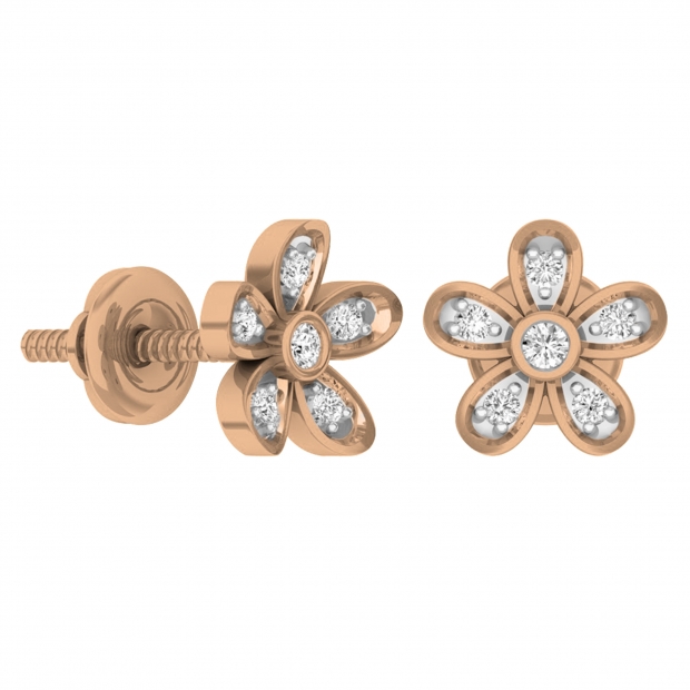 0.10 Carat (ctw) 10K Rose Gold Round Diamond Ladies Flower Shaped Stud Earrings 1/10 CT