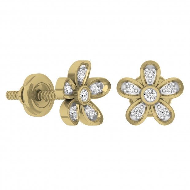 0.10 Carat (ctw) 14K Yellow Gold Round Diamond Ladies Flower Shaped Stud Earrings 1/10 CT