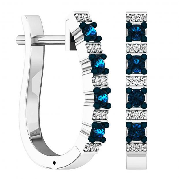 0.35 Carat (ctw) Sterling Silver Round White & Blue Diamond Ladies Hoop Earrings 1/3 CT