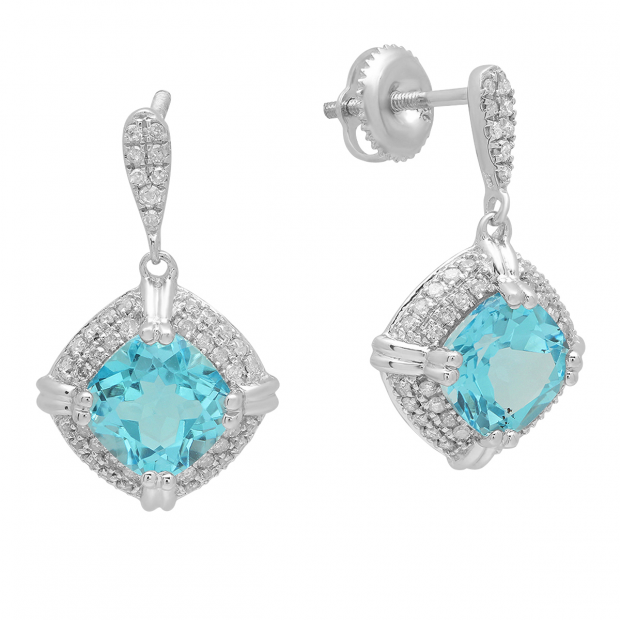 Sterling Silver 7 MM Each Cushion Cut Blue Topaz & Round White Diamond Ladies Halo Drop Earrings