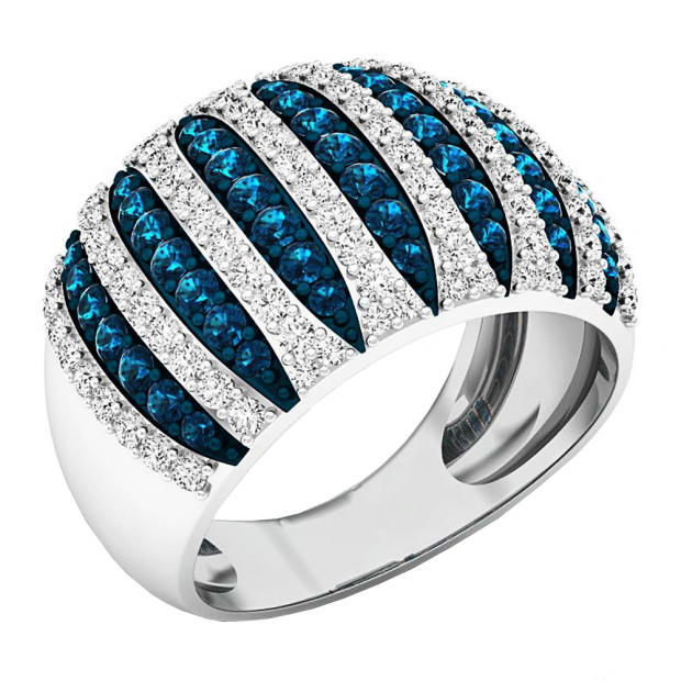 1.55 Carat (ctw) 10K White Gold Round Blue & White Diamond Ladies Cocktail Right Hand Ring 1 1/2 CT