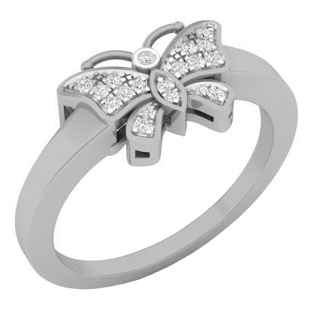 0.10 Carat (ctw) 10K White Gold Round White Diamond Cocktail Right Hand Butterfly Ring 1/10 CT
