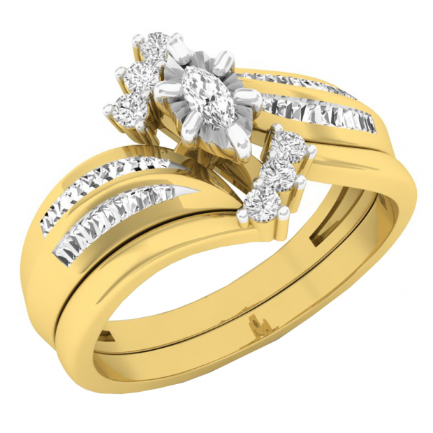 0.35 Carat (ctw) 14K Yellow Gold Marquise Baguette & Round Cut Diamond Engagement Ring Set 1/3 CT