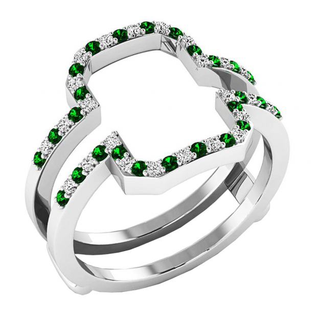 10K White Gold Round Tsavorite & White Diamond Ladies Wedding Band Enhancer Guard Double Ring