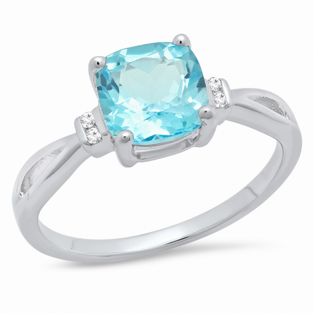 Sterling Silver 7 MM Cushion Cut Blue Topaz & Round White Diamond Ladies Bridal Engagement Ring