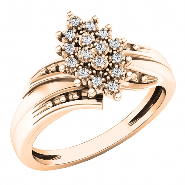 0.10 Carat (ctw) 10K Rose Gold Round White Diamond Ladies Cluster Flower Ring 1/10 CT