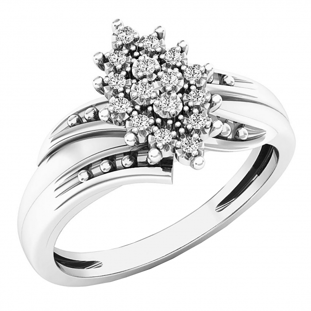 0.10 Carat (ctw) 14K White Gold Round White Diamond Ladies Cluster Flower Ring 1/10 CT