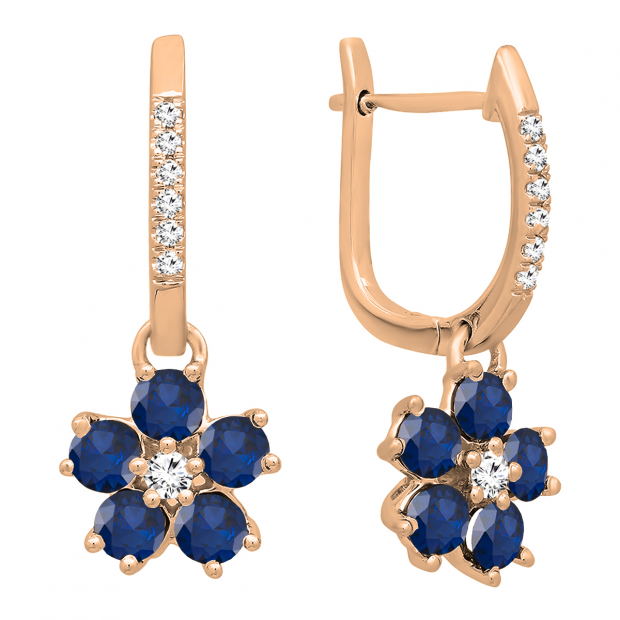 18K Rose Gold Round Blue Sapphire & Diamond Ladies Cluster Flower Dangling Drop Earrings