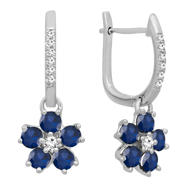 18K White Gold Round Blue Sapphire & Diamond Ladies Cluster Flower Dangling Drop Earrings