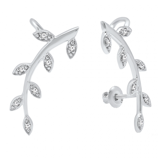 0.11 Carat (ctw) 18K White Gold Round Cut White Diamond Ladies leaf shaped Climber Earrings