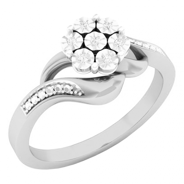 0.05 Carat (ctw) 10K White Gold Round White Diamond Ladies Cluster Flower Fashion Right Hand Ring