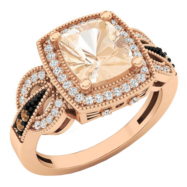 10K Rose Gold Cushion 8X7 MM Morganite & Round Champagne & White Diamond Ladies Engagement Ring