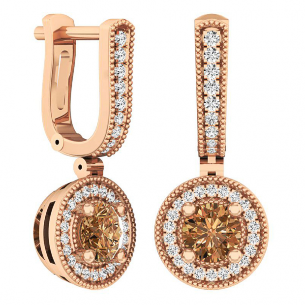 1.00 Carat (ctw) 10K Rose Gold Round Champagne & White Diamond Ladies Halo Dangling Earrings