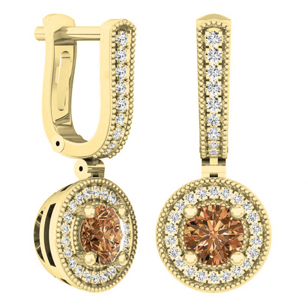 1.00 Carat (ctw) 14K Yellow Gold Round Champagne & White Diamond Ladies Halo Dangling Earrings