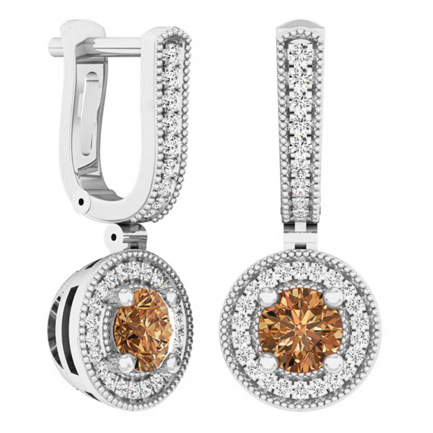 1.00 Carat (ctw) 18K White Gold Round Champagne & White Diamond Ladies Halo Dangling Earrings