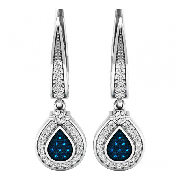 0.55 Carat (ctw) Sterling Silver Round Cut Blue & White Diamond Ladies Drop Earrings