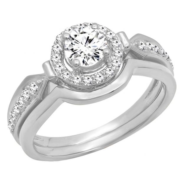 0.75 Carat (ctw) 10K White Gold Round Diamond Ladies Bridal Engagement Halo Ring Band Set 3/4 CT