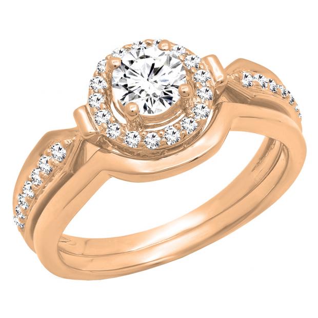0.75 Carat (ctw) 18K Rose Gold Round Diamond Ladies Bridal Engagement Halo Ring Band Set 3/4 CT
