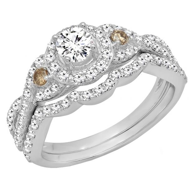 1.05 Carat (ctw) 10K White Gold Round Champagne & White Diamond Ladies Engagement Ring Set 1 CT