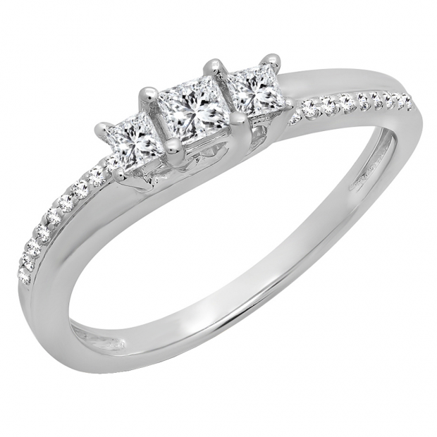 0.35 Carat (ctw) 10K White Gold Princess & Round Diamond Ladies Bridal Engagement Ring 1/3 CT