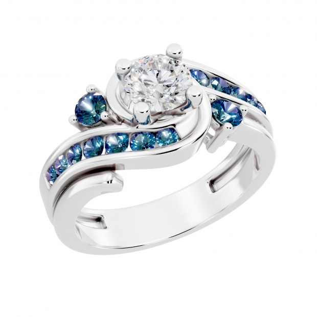 0.95 Carat (ctw) 10K White Gold Round Blue And White Diamond Ladies Engagement Ring Set 1 CT